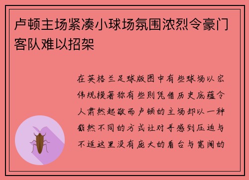 卢顿主场紧凑小球场氛围浓烈令豪门客队难以招架